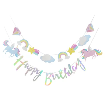 1. Dzimšanas dienas svinības Rotājumi 1x Unicorn Puse Happy Birthday Papīra Banner Karājas Vainags Karoga Unicorn Tēma Bērni