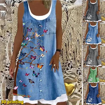 2022 Sieviešu Vasaras-Line Kleitu Modes Ziedu Dot 3D Drukas Ceļa Garums Kleita Zilā krāsā bez Piedurknēm Ikdienas Kleita