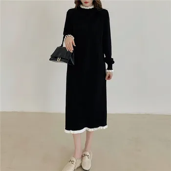 Apģērbs Silts Korejas Rudens Bieza Sieviete Cieta Džemperis Kleita Sieviešu Trikotāžas Vestido Feminino 2022 Vintage Ziemas Elegants Kleitas