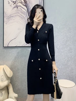 Elegants, Adīta Melna Kleita Gadījuma Garām Piedurknēm Pogas Bodycon Midi Kleitu Korejas Modes Dāmas Viens Gabals Rudens Sieviešu Apģērbu