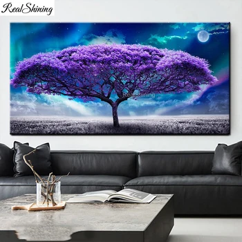 Liels Violeta koks Aurora dabas ainavu 5D diy Dimanta Krāsošana Pilnu Kvadrātveida, Apaļas Sienas Dekori Mozaīkas Rhinestone puzzle dāvanu Q371