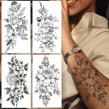 Lielā Peoniju Liliju Ziedu Pagaidu Tetovējums Sievietēm Black Mandala Henna Viltus Tetovējumiem Roku Rokās Radošo Sweatpea Lapu Daisy Tetovējums