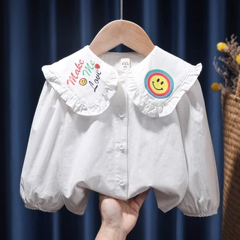 Meitenes Ilgtermiņa piedurknēm Baltā Blūze ar Izšuvumiem Bērnu Krekls Toddler Meitene Kokvilnas Gadījuma Zemāko Krekls Smaidu Bāzes Top Bērnu Drēbes