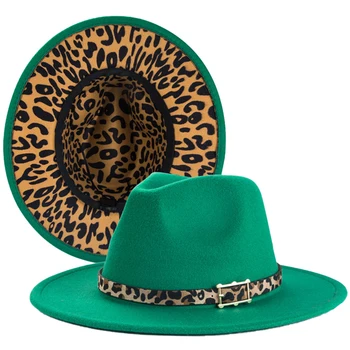 Plaša Malām Cietas Leopard Apakšā Fedora Vilnas Filca Cepures Fascinators Sievietēm Elegants Puse Trilby Džeza Cepures Vīriešu Zaļā Panama Klp