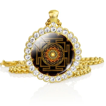 Sri Yantra Mandala Modelis Rhinestone Kulons, Kaklarota, Budistu Sakrālās Ģeometrijas Zelta Pārklājumu Kaklarota Garīgo Rotaslietas