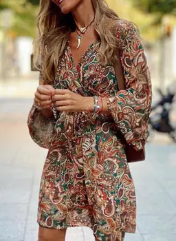 vasaras kleitas tendence 2022 drēbes gadījuma sieviešu modes bohēmietis dress Iespiests V-veida Kakla Uzliesmoja Piedurknēm kleita brīvs