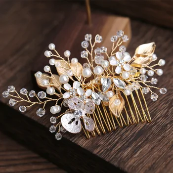 zelta lapas puses-savīti pearl matu ķemmes, kāzu galvassegas līgavu matu rotas, piederumi, vairumtirdzniecība