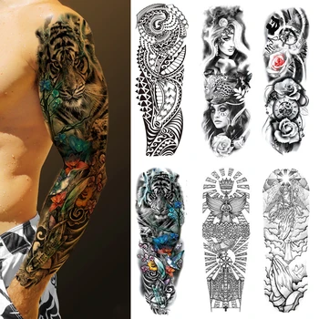 Ūdensnecaurlaidīgus Pagaidu Tetovējumu Uzlīmes Totem Ģeometriskā Pilnas Rokas Liela Izmēra Piedurknēm Viltus Zibatmiņas Tetovējumu Tetovējumi, lai Vīrieši Sievietes